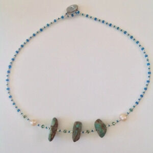 Handcrafted Turquoise Pearl Shell Button Necklace One of a Kind Festival Summer